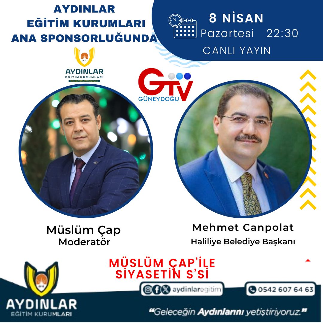 Müslüm Çap ile Siyasetin S'Sİ programının konuğu Haliliye Belediye Başkanı Mehmet Canpolat olacaktır📺 🗓️ 8 Nisan ⏲️Saat 22.30 @mcanpolatnet @haliliye_bld