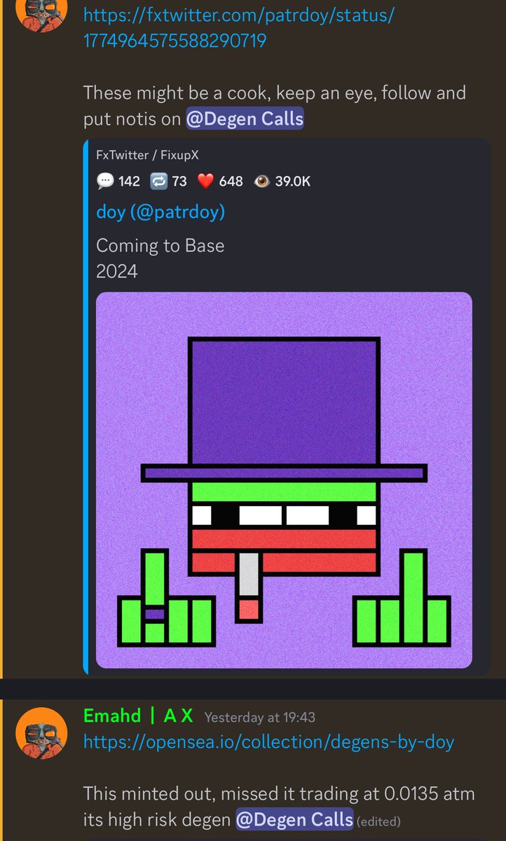 𝗚𝗼𝗼𝗱 𝗠𝗼𝗿𝗻𝗶𝗻𝗴!

Some of the plays this week

BasedBuddies by <a href="/Sn34ky_Steve/">sneaky.</a> 𝟎.𝟎𝟏 𝐭𝐨 𝟎.𝟎𝟖𝟒𝟓
Degens by <a href="/patrdoy/">DOY</a> 𝐶𝑎𝑙𝑙𝑒𝑑 𝑚𝑖𝑛𝑡 &amp; 𝑠𝑒𝑐𝑜𝑛𝑑𝑎𝑟𝑦  𝟎.𝟎𝟏𝟑𝟓 𝐭𝐨 𝟎.𝟎𝟗
Swatches by <a href="/jvmi_/">jvmi 🏎️💨</a>  𝑐𝑎𝑙𝑙𝑒𝑑 𝑚𝑖𝑛𝑡 𝟎.𝟎𝟏𝟒 𝐭𝐨 𝟎.𝟏𝟓
Based Punks by