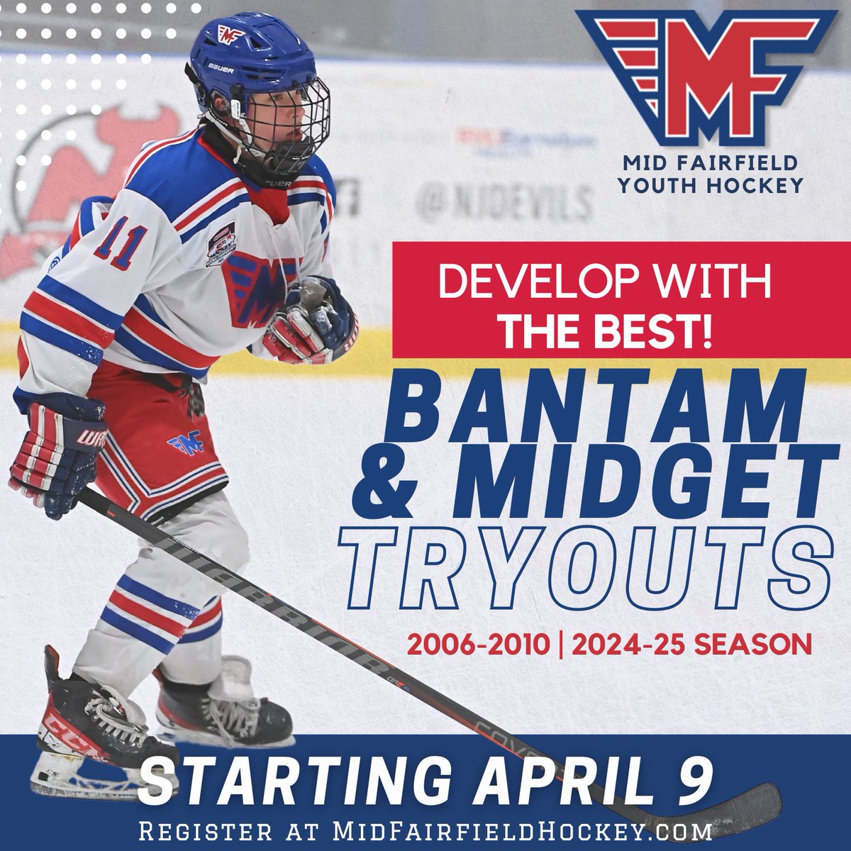 Tryouts start Tuesday!! Don’t miss the chance to gain exposure and develop with the #1 ranked organization in USA Youth Hockey 🇺🇸🥅🏒 #ROLLMF Sign up: bit.ly/MFTryouts