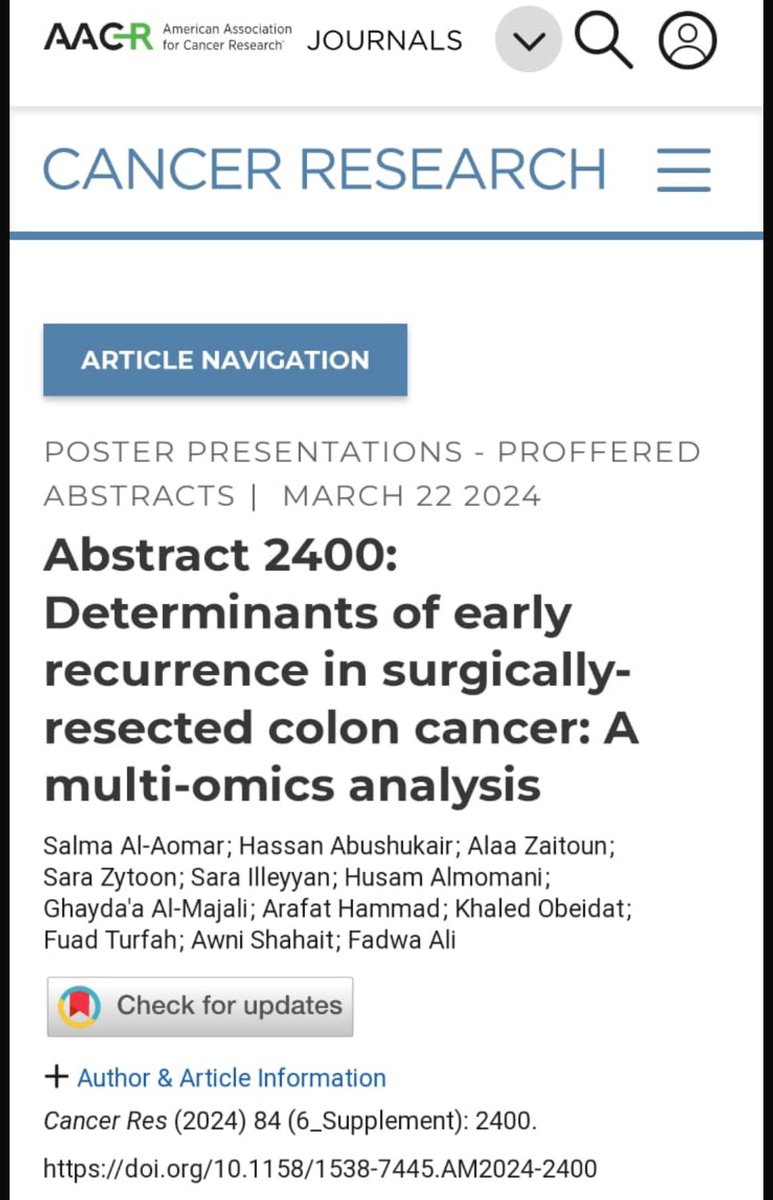 Checkout our abstract published at #AACR24!

Spacial thanks to the best @HMAbushukair and Dr.Fadwa Ali @UTSW_Surgery.

Proud of @ObadaEAbabneh & @majali2002 for representing @JUSTEDUJO 🇯🇴 at #AACRGlobalScholars.