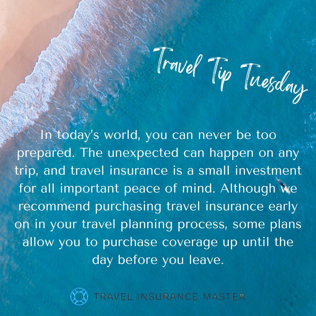 Travel Tip Tuesday: It's a great idea to protect your investment of time and money too by purchasing a travel insurance policy as soon as you put down your initial deposit on travelinsurancemaster.com

#traveltip #traveltiptuesday #traveltuesday #travelprotection #insuranceplans