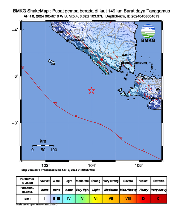 #Gempa (UPDATE) Mag:5.4, 08-Apr-24 00:46:19 WIB, Lok:6.62 LS, 103.97 BT (Pusat gempa berada di laut 149 km Barat daya Tanggamus), Kedlmn:64 Km Dirasakan (MMI) II Krui #BMKG