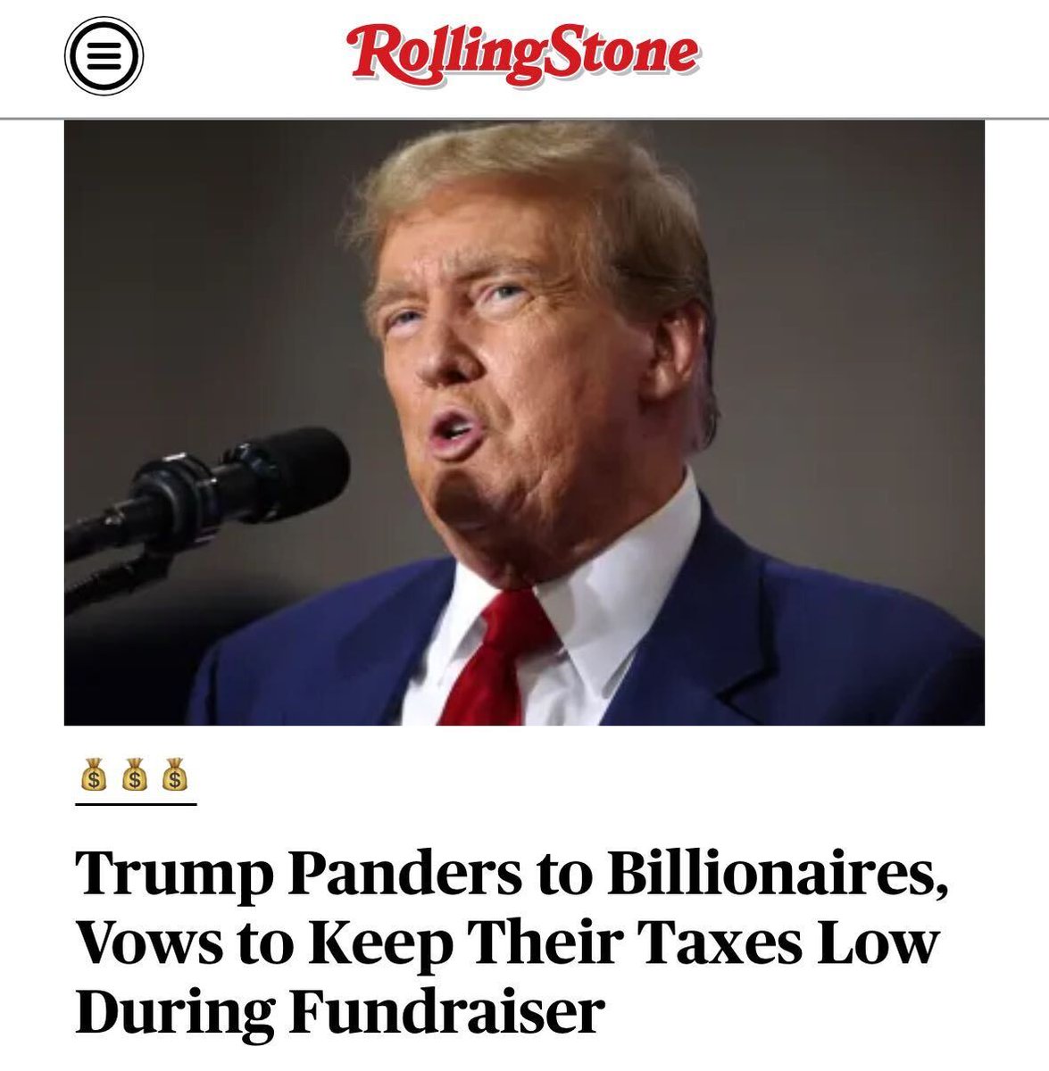 Donald Trump promised to keep billionaires’ taxes low at a fundraising dinner Saturday night in Palm Beach, Fla., held at the home of billionaire John Paulson. Story: rollingstone.com/politics/polit…