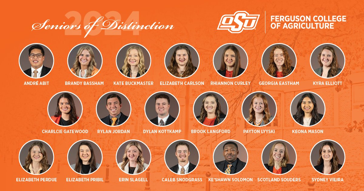 We are proud to announce the 2024 Ferguson College of Agriculture Seniors of Distinction! Congratulations on receiving this recognition for your hard work and dedication to service, leadership and academic success! 🧡👏 Read more ➡️ okla.st/4afiLaF