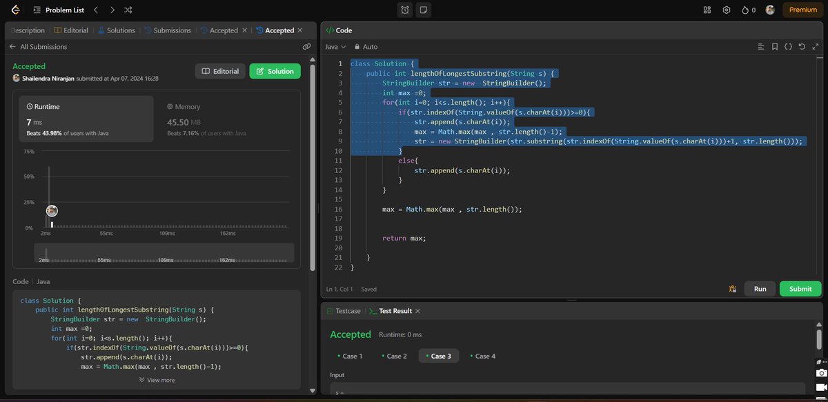 ShailendraN771's tweet image. Today, I used a new approach called "sliding window" to solve a problem.
Problem - Longest Substring Without Repeating Characters  ( L -3 )
💪 #100DaysOfCode #AlgorithmAdventure #ProgressingForward #Java #LevelUp #Connect #ProblemSolving
@beginer_tanush
@TechguyShiv