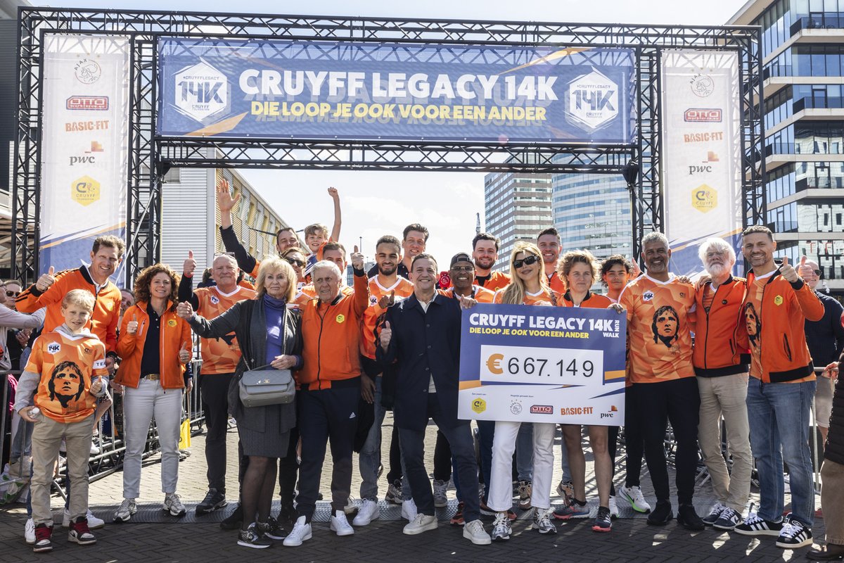 Wat een dag in ❌❌❌! De lopers van de Cruyff Legacy 14K haalden samen het fantastische bedrag op van €667.149,- voor projecten voor de Cruyff Foundation. Grote dank aan onze hoofdsponsoren Otto Work Force NL, PwC en Basic-Fit #CruyffLegacy #CreatingSpace