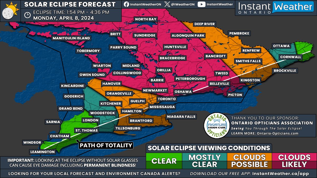 #ONStorm #ONwx 🌑 ECLIPSE VIEWING OUTLOOK UPDATE: Clouds May Move Out Just in Time for the Solar Eclipse on Monday in Parts of Southern Ontario at the Expense of Eastern Ontario 📅 Monday, April 8, 2024 ⤵️ FULL FORECAST & NORTHERN ONTARIO MAPS instantweatherinc.com/ontario/foreca… We are…