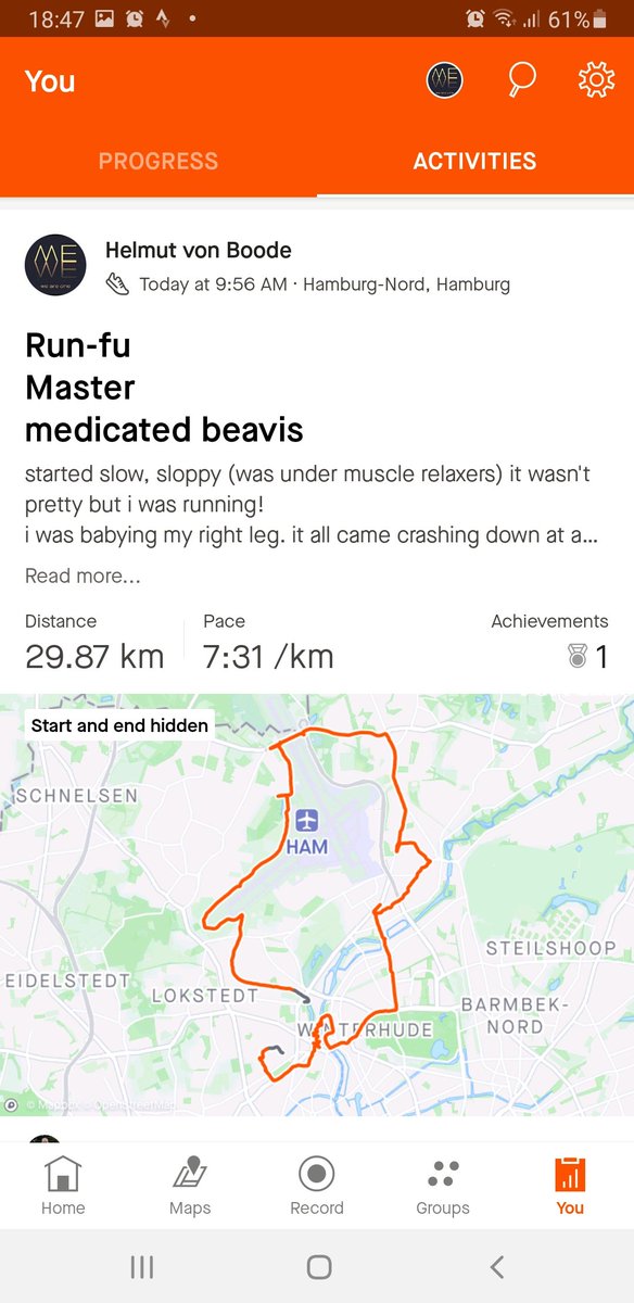 Run-fu
medicated beavis
sloppy...slow...babying  rt thigh.
it wasnt pretty 
but i was out there
#Runfu 
till at about 10miles...
when the meds wore off.
offf...
brutal.
gave up..about a mile out...
walked/limped 
home.
upper body x3mis
#run #running #runner #strava  #freikunst