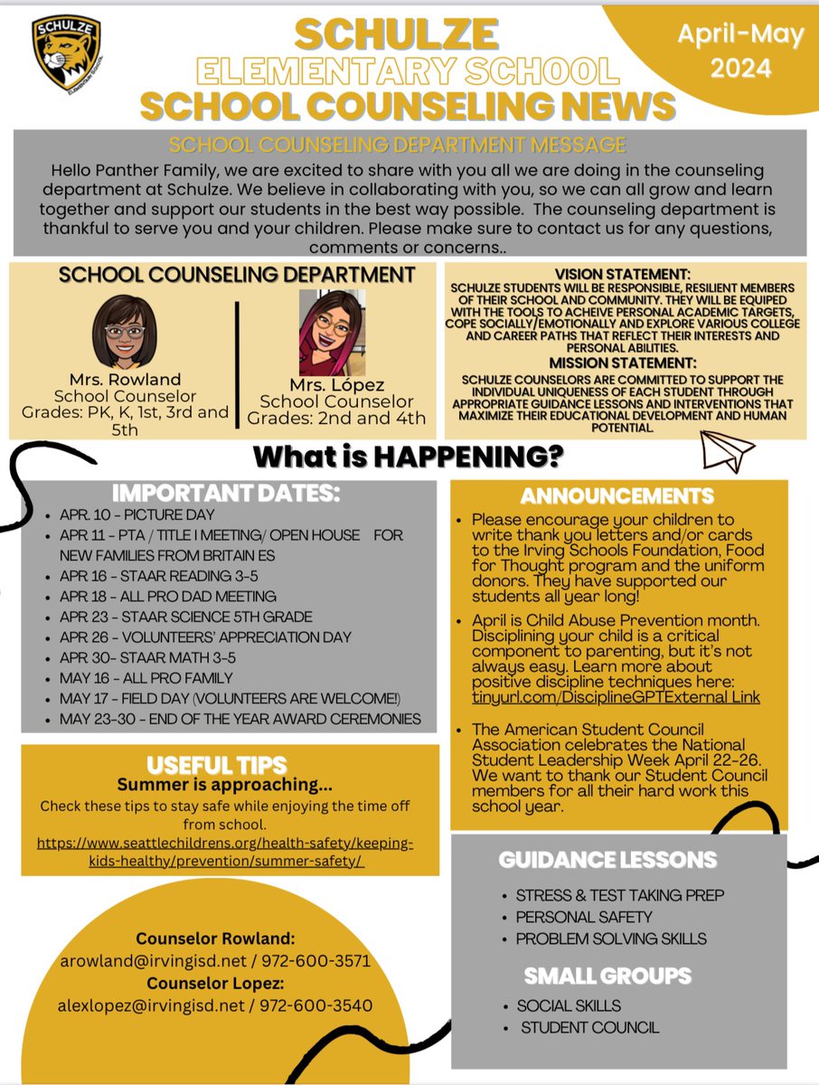 Here is our most recent @SchulzePanthers counseling newsletter for families. Check it out! drive.google.com/file/d/1fnVgPN… #theschulzeexperience