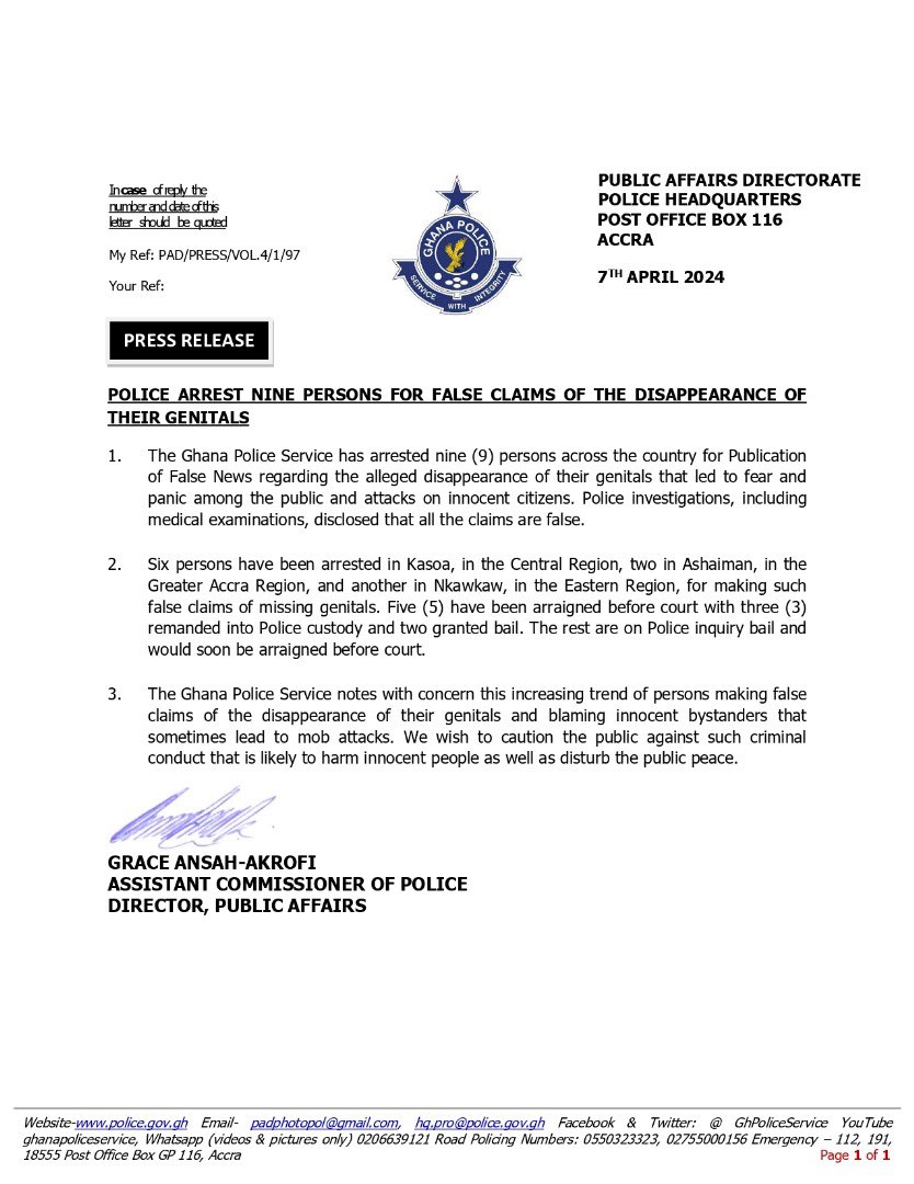PRESS RELEASE: POLICE ARREST NINE PERSONS FOR FALSE CLAIMS OF THE DISAPPEARANCE OF THEIR GENITALS