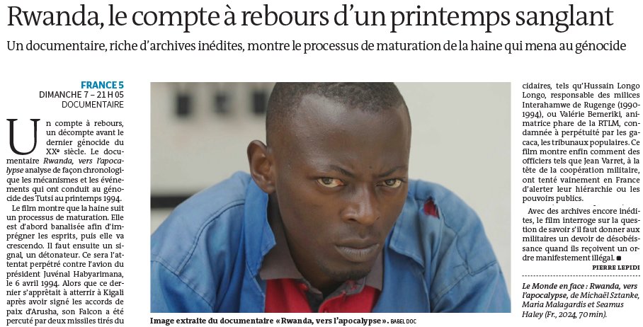 « Rwanda, vers l’apocalypse », #AlaTéléceSoir sur #France5 : le compte à rebours d’un printemps sanglant lemonde.fr/culture/articl… via @Pierre_Lepidi