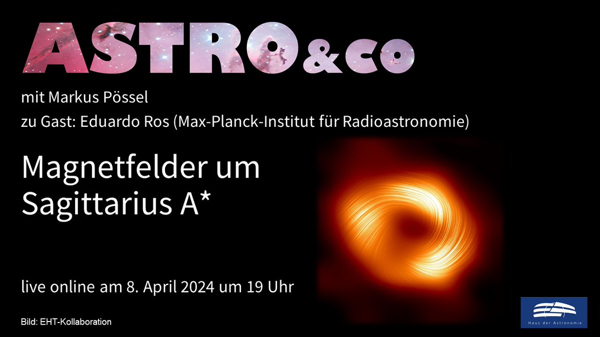 Das @ehtelescope hat Hinweise auf starke Magnetfelder in der Umgebung des Schwarzen Lochs im Zentrum der Milchstraße gefunden - und Eduardo Ros vom @MPIfR_Bonn verrät @mpoessel morgen Abend um 19 Uhr live bei Astro & Co, was es damit auf sich hat youtube.com/watch?v=fRvYNp…