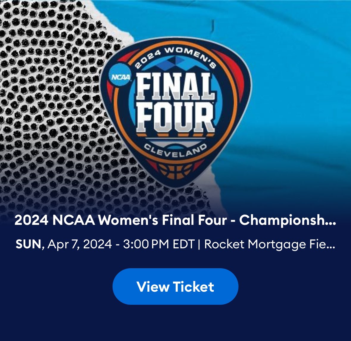 SOLD‼️‼️Anyone looking for Womens NCAA final four tickets I have four on sale through AXS $250/ticket at this time. Section M101 Row 11 Seats 15-18. #MarchMadness2024 #MarchMadnessWBB