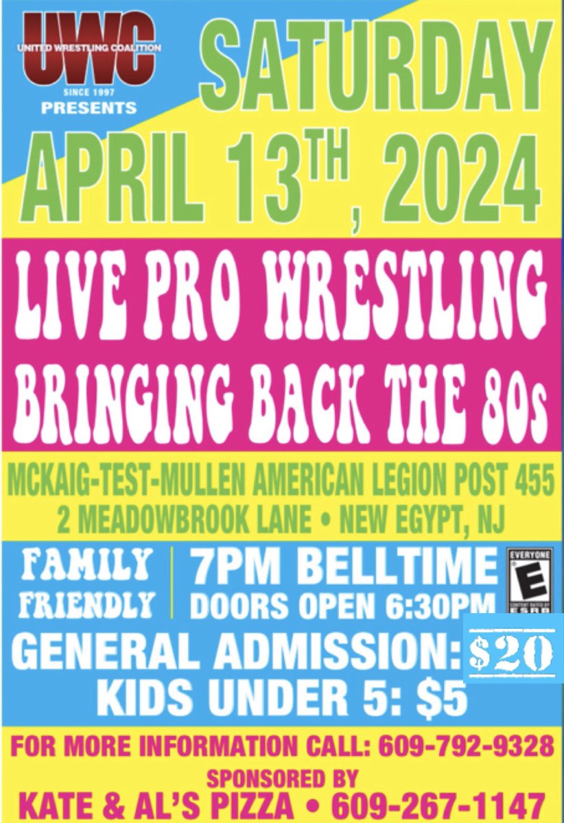 Remember @UWCFamily returns to American Legion, 2 Meadowbrook Ln, New Egypt NJ, THIS SATURDAY, 4/13/24, and we're bringing back the awesome 80s! Doors open at 6:30, belltime is 7pm. Tickets are $20, and $5 for kids under 5. Card subject to change (No duh!) facebook.com/UWCFanCave