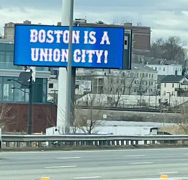 Seen on Rt. 93 today. We couldn’t agree more <a href="/IBEW103/">Local 103 IBEW</a>. #Boston sure is a union city!
