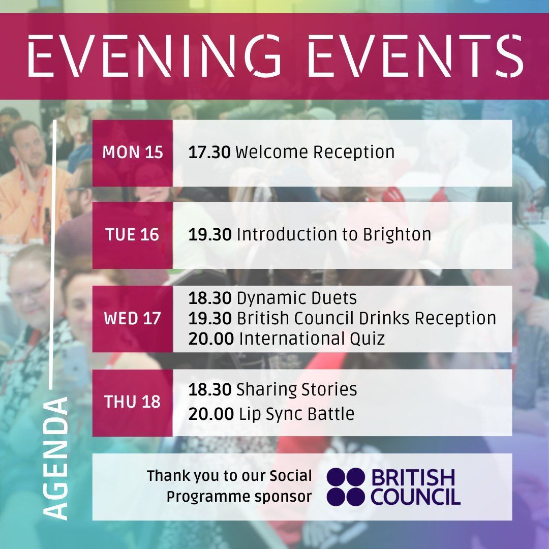 Networking = #ProfessionalDevelopment
At #IATEFL2024, network & meet up with/make new friends at evening events!
Register for a Dynamic Duet (by April 8th): forms.gle/ACPNhgfwPs61op…
Social Programme: iatefl.org/conference/soc…
Thanks #IATEFL sponsor @‌BCouncilEnglish @TeachingEnglish