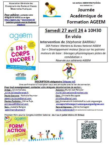 AgeemAcTlse's tweet photo. Après la #SOP24 temps de #FormAction @AGEEM_National pour les adhérents @AgeemAcTlse #ecole_maternelle des 8 départements 09-12-31-32-46-65-81-82sur pistes de remediation dvlpt moteur par @BarrauSteph membre BN le 27avril 24 10h30 sur inscription https://t.co/QFQb4Mm1D3 https://t.co/xNHWFbuZwh
