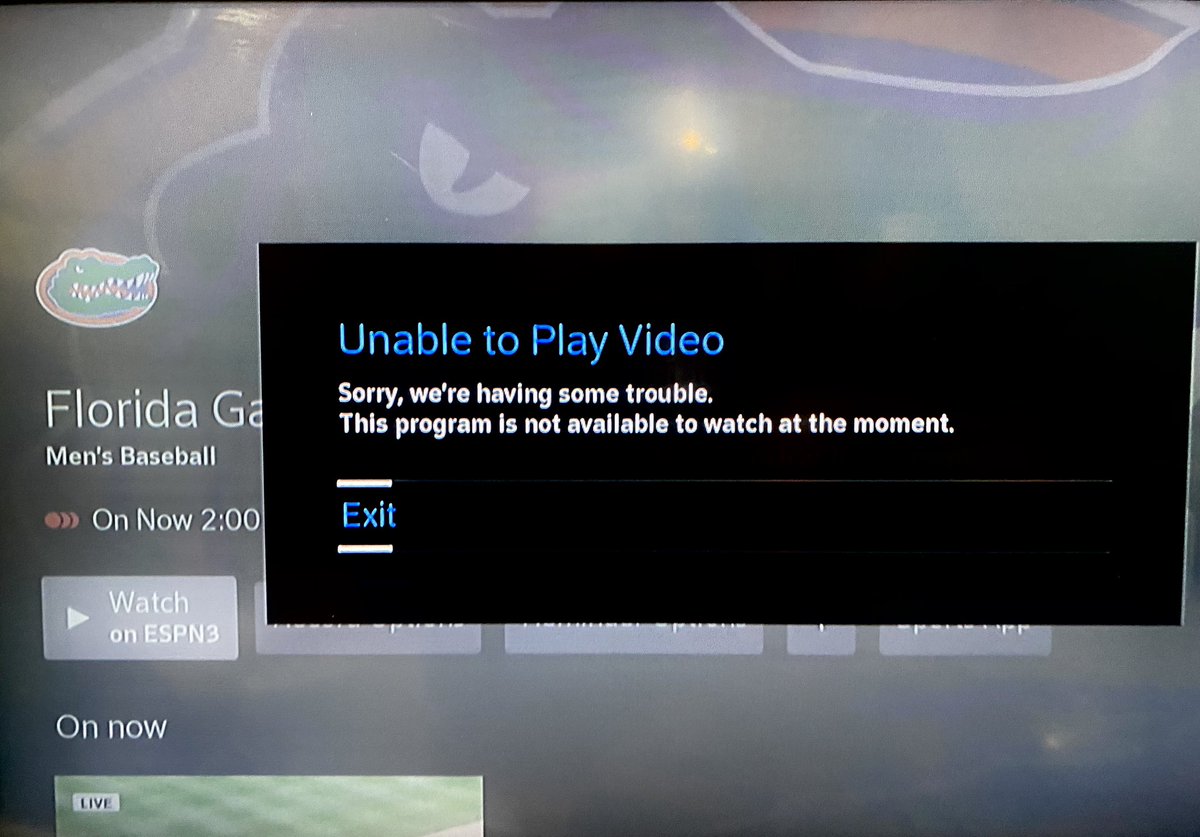 @espn ESPN3 WHAT IS GOING ON?! @GatorsBB game not opening. 

“Sorry, we’re having some trouble. This program not available to watch at the moment.” 😡