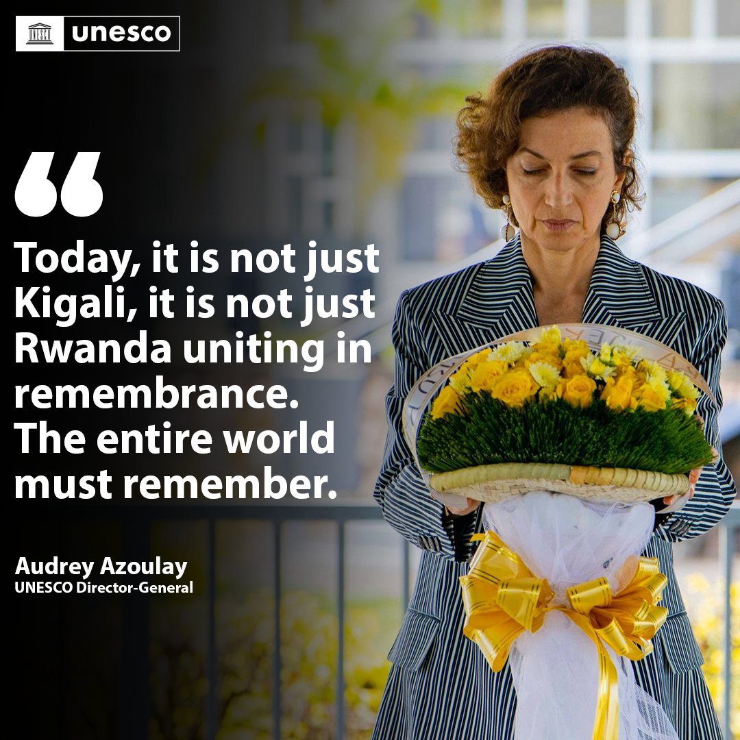 .<a href="/AAzoulay/">Audrey Azoulay</a> is in #Rwanda to participate in the commemorations of the genocide against the Tutsi. 
  
To build lasting peace we must remember &amp; be messengers of memory. This is why UNESCO works with Rwanda to ensure that this history is taught to younger generations.

#Kwibuka30