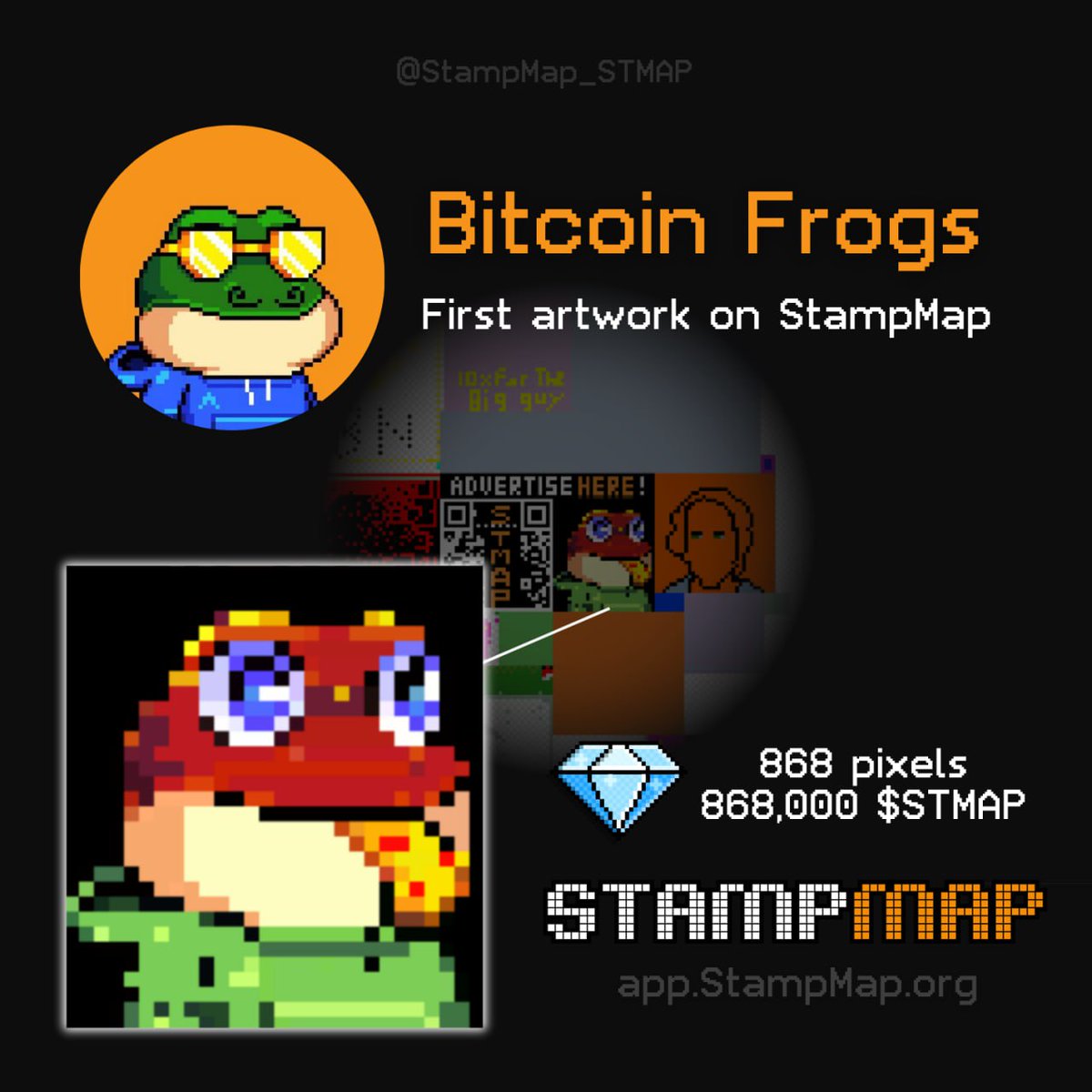 𝗙𝗶𝗿𝘀𝘁 𝗮𝗿𝘁𝘄𝗼𝗿𝗸 𝗼𝗻 𝗦𝘁𝗮𝗺𝗽𝗠𝗮𝗽 ! ▶️ @BitcoinFrogs 🐸 - Ordinal collection Dear StampMappers, You may have noticed that the first creation on #StampMap made for the launch was a Bitcoin Frog ! Indeed, the initiators of StampMap chose this ordinal collection
