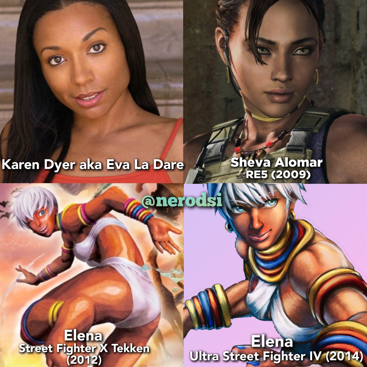 Karen Dyer aka Eva La Dare is the voice actress for Sheva Alomar in RE5 (2009) & Elena in Street Fighter X Tekken (2012) + Ultra Street Fighter IV (2014) (Made by me) #ResidentEvil #REBHFun #StreetFighter #RE #REBH28th #RE5 #ResidentEvil5 #ShevaAlomar #Biohazard #Capcom