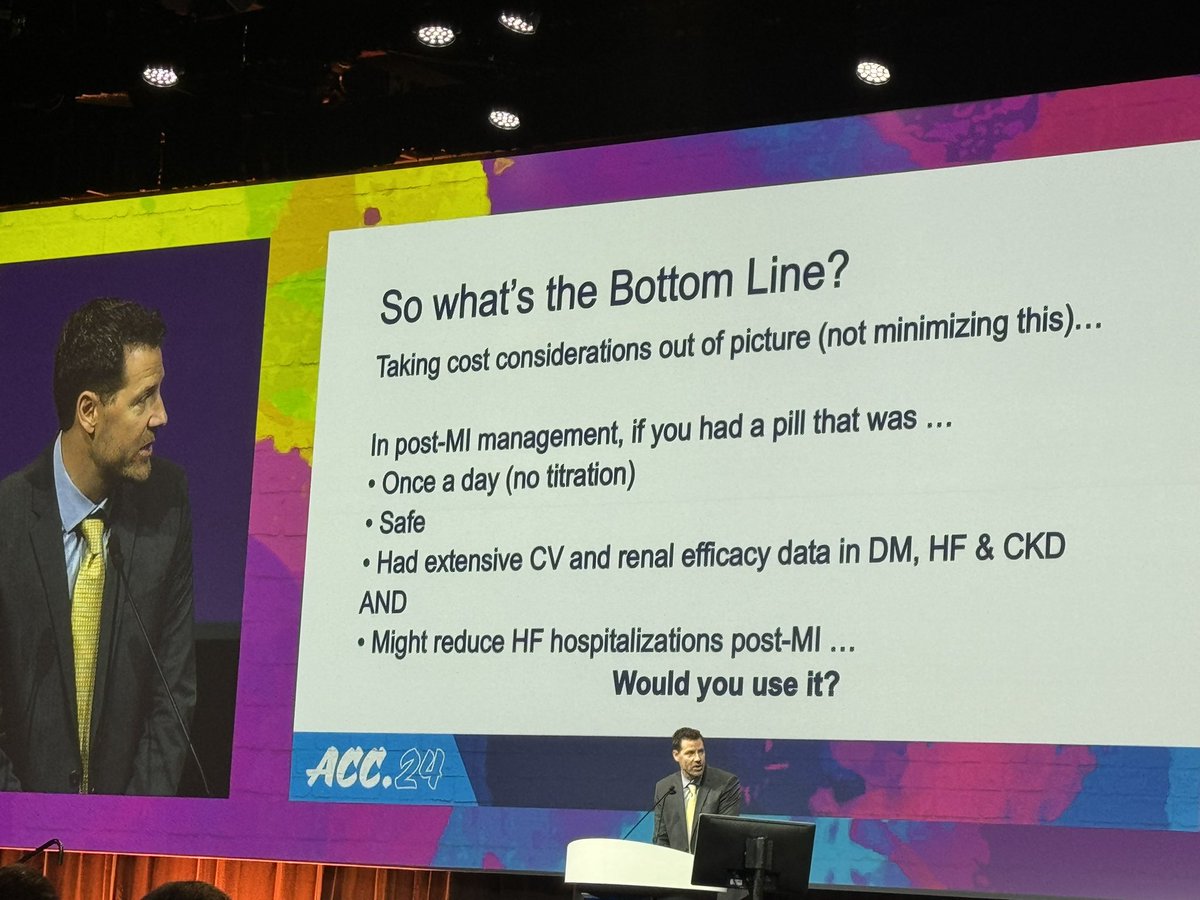 Beautiful deep dive discussion on #EMPACT_MI by @robmentz #ACC24 So…would you use SGLT2i post MI? @JavedButler1 responds: If indication (HF, DM, CKD) go ahead and get started! If a revascularized STEMI pt & no other major issue, probably ok not to start in acute setting!