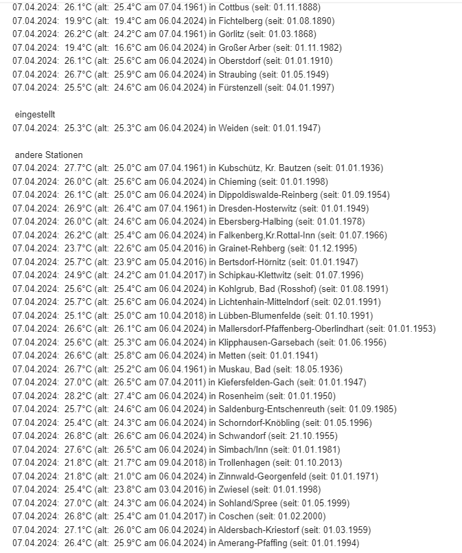 BREAKING

Alle diese Orte haben heute einen Allzeit-Wärmerekord für die 1. Aprildekade erlebt (seit Beginn der Messungen am Ort):