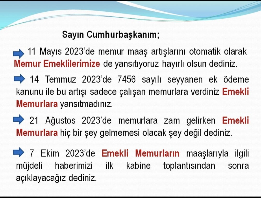 Memur ile memur emeklisi ayrıştırılamaz
Memur ne artış alırsa Memur Emeklisi de aynı artışı otomatik alır
İnanmazsanız cumhurbaşkanına sorun
@Akparti
@RTErdogan
@memetsimsek
@isikhanvedat
#MemurEmeklileriTakipDestek
#MemurEmeklisiSandıktanSeslendi