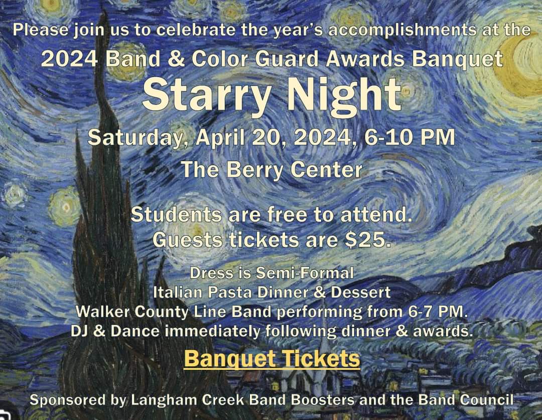 The last day to purchase banquet tickets is April 9th. Band and guard students are free to attend. Guests will require a ticket at $25 per person. Tickets are available for purchase at app.aplos.com/aws/events/202… . We look forward to seeing you there in your semi-formal wear!