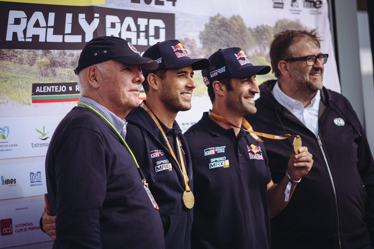 Lucas and Armand celebrating the #bpultimaterallyraidportugal Stage 5 victory. #TGR #TGRW2RC #NotJustForSport #ThatGRFeeling #Hilux #TeamHilux #Repsol #SpeedMax #bfgoodrich #bfgoodrichtires #RedBull #PneuStore