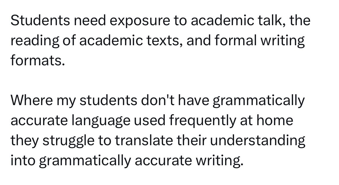 People need to get better at describing language issues. I’m not arguing against the need for young people to be able to function* in a society that puts standard English on a pedestal. But deficit-laden assumptions around their language at home are patently false and damaging.