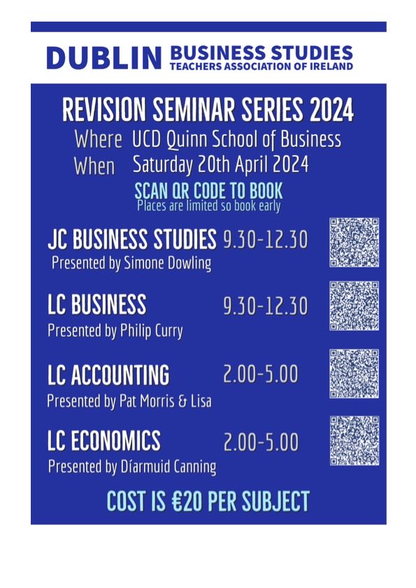 The @bstaidublin business studies, business, accounting and economics revision seminars are coming up on the 20th April in UCD. Please share with your students if you’re in the Dublin area #lceconomics #lcbusiness #jcbusiness