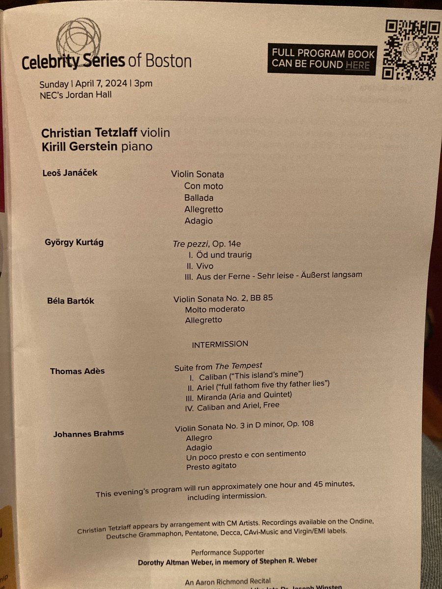 This afternoon’s agenda: Christian Tetzlaff and Kirill Gerstein play Janáček, Kurtág, Bartók, Adès, and Brahms.