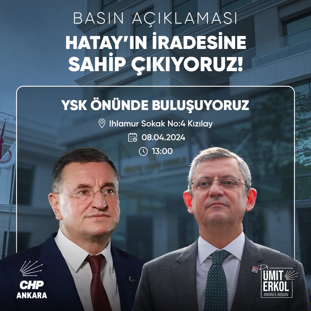 Son günlerde yaşananlar, Hatay'ın iradesine yapılan haksız bir müdahaledir. Bu duruma sessiz kalmayacağız! 🗓 08 Nisan, Pazartesi ⏰ 13.00 📍 YSK Önü Hatay'ın sesi olmak ve adalet arayışında birleşmek için herkesi davet ediyoruz. Gelin, hakkımızı arayalım. @herkesicinCHP…