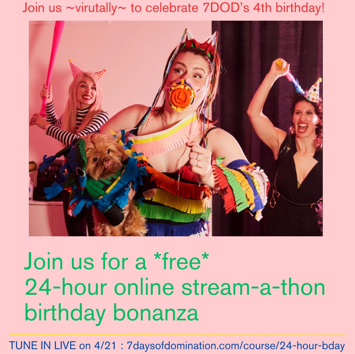 7DODomination's tweet image. WE’RE TURNING FOUR 🎉 and to celebrate, we’re having a FREE 24-hour stream-a-thon of 7DOD classes on our website!!! Be sure to tune in 🤩 More info on our site 💻