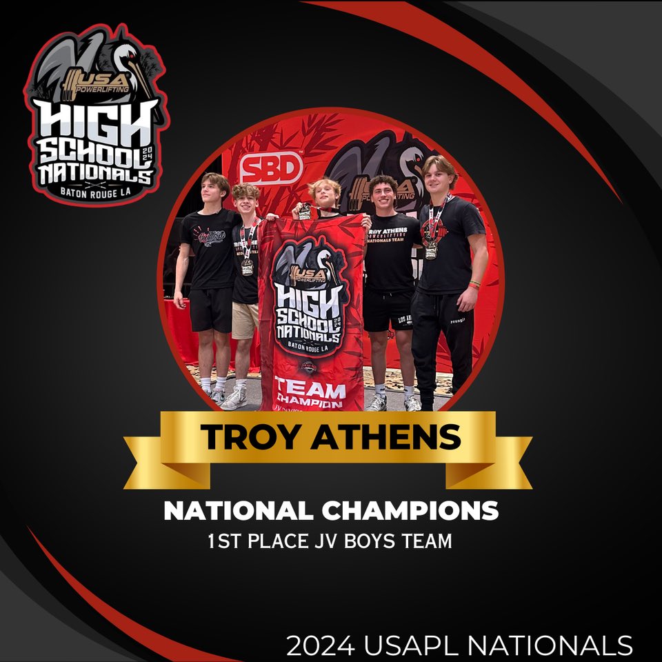 KDunneback's tweet photo. Athens JV Boys Powerlifting - Team National Champions! @Mr_Burden_TA @RMMachesky @AHS_Athletics23 @troyschools @troy_athens https://t.co/IJ9JtnwCxx