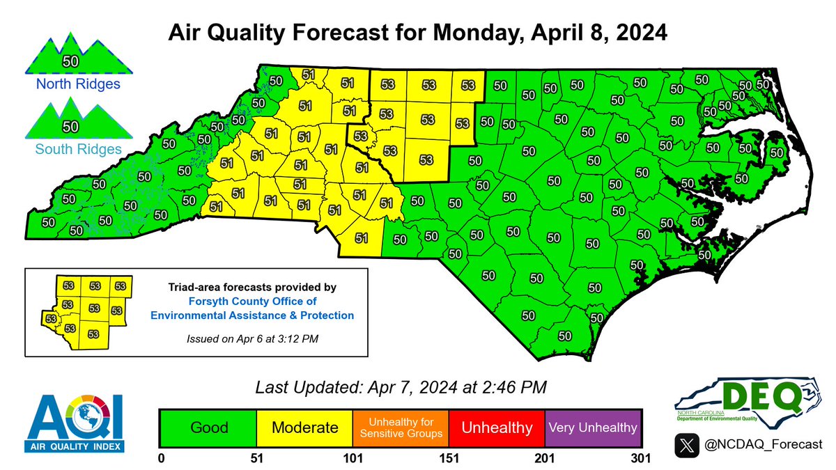 Here is the latest NC Air Quality Forecast for Monday, 4/8/2024 #ncwx #airquality #AQI For our discussion & KML files: airquality.climate.ncsu.edu/discussion/?is…