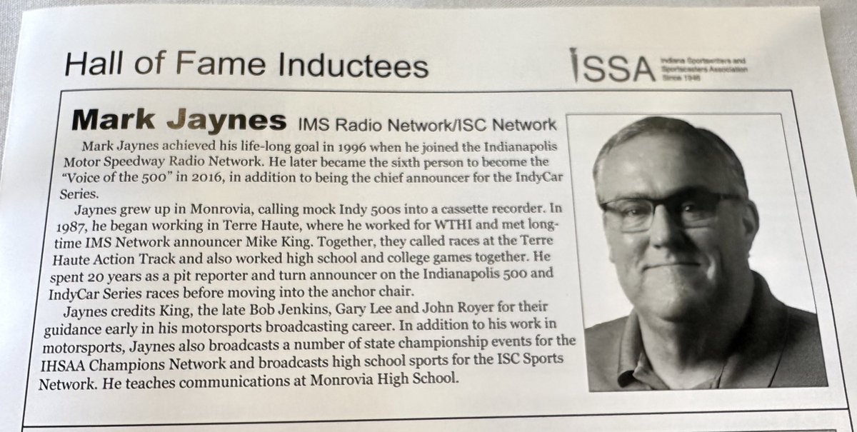 Congrats to @IMS & @IndyCar @IndyCarRadio Voice @JaynesMar on his induction today to the Indiana Sportswriters and Sportscasters Association! He joins 140 others including three other “Voices of the 500” Sid Collins, Paul Page, and Bob Jenkins!