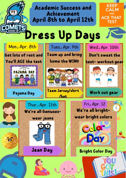 Academic Success and Achievement Dress Up Week. Keep Calm and Ace That Test 🙌
April 8th to 12th. 🚌✏️📚📓❤️ #TeamBCSD #TeamCasaLoma #acethattest