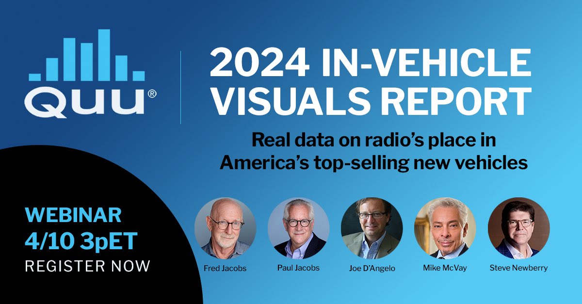 Radio’s place in America’s 100 top-selling new vehicles. Join industry experts Fred Jacobs, Paul Jacobs, Joseph D'Angelo, Steve Newberry and me for a free webinar on 4/10 at 3pm ET. We’ll share data and insights from Quu’s 2024 In-Vehicle 👉 Register! bit.ly/49mqFxv