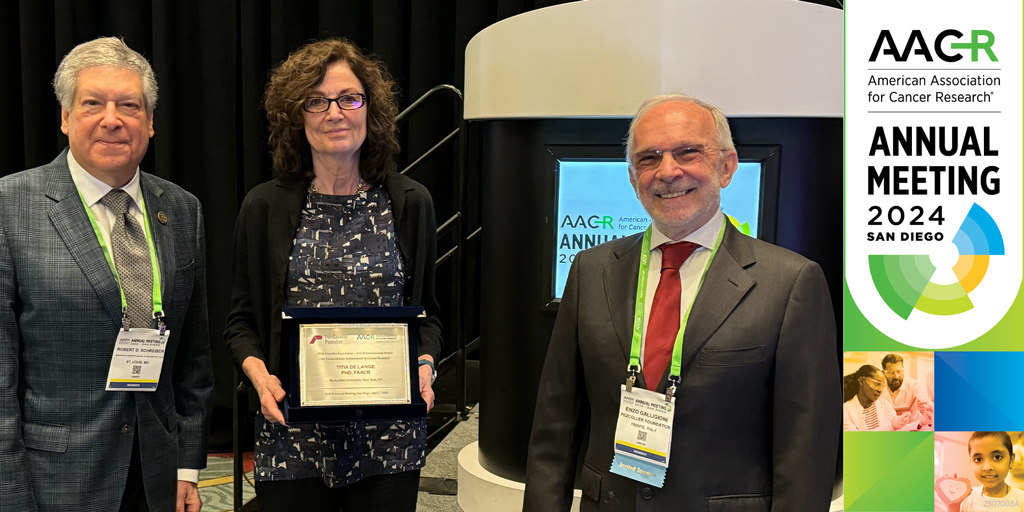 Titia de Lange received the Pezcoller Foundation-AACR International Award for Extraordinary Achievement in Cancer Research and delivered her award lecture this morning at #AACR24. We congratulate Dr. de Lange and thank @Pezcoller for their longstanding support of this award.