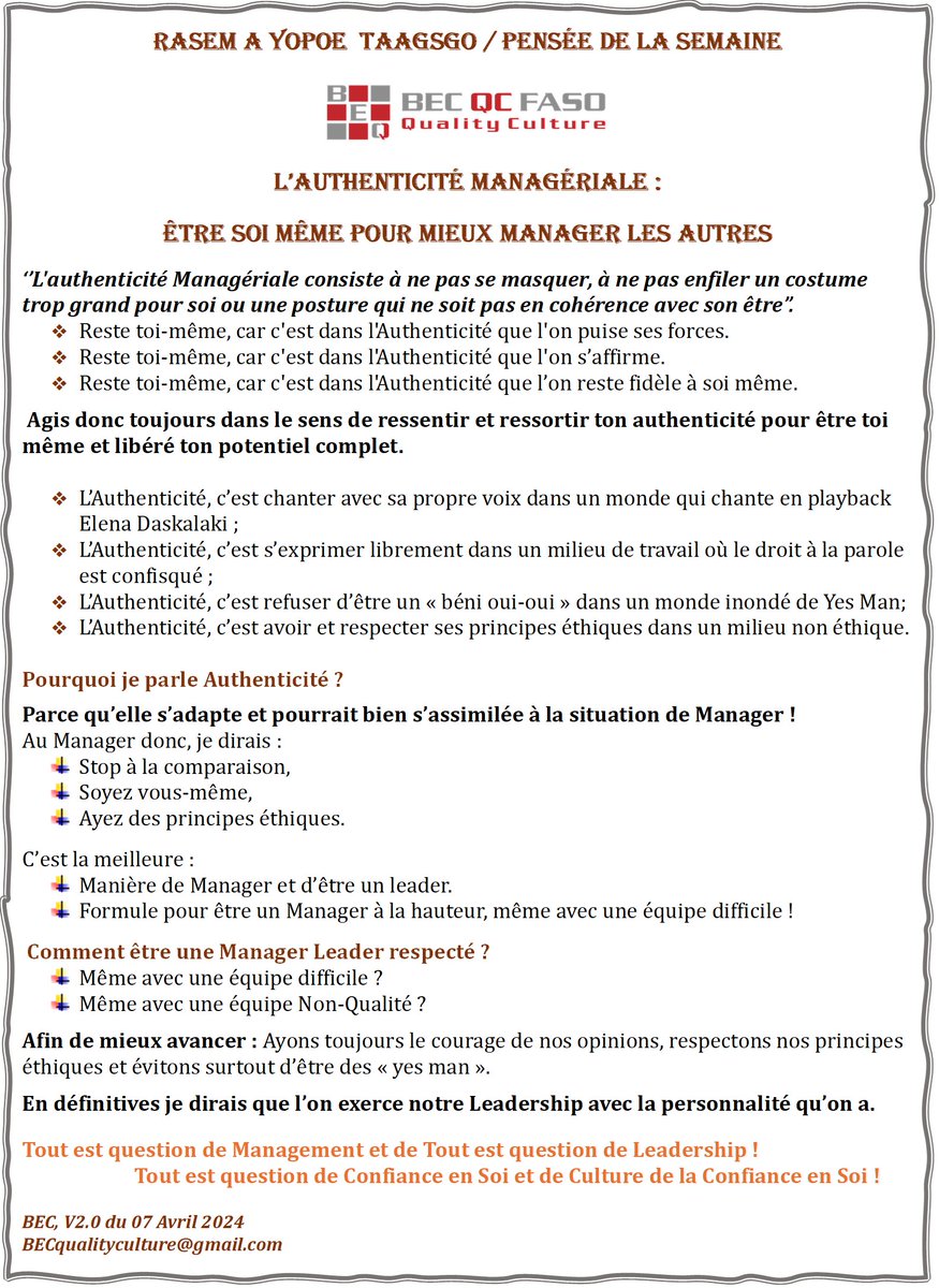 Être authentique : - C'est accepter de voir qu'on est ce qu'on est. - C’est s’accepter soi même. Être authentique : - Ce n’est pas ce qu'on imagine. - Ce n’est pas ce que l’on voudrait être en se mirant dans un miroir. N’arrêter donc pas d’être authentique quoi qu’il arrive.