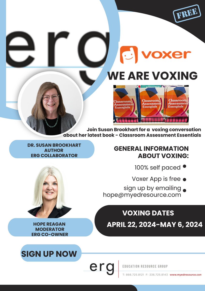 VOX with us! Susan Brookhart will be Voxing about her new book- Classroom Assessment Essentials. Join us starting April 22, 2024. Details in our information flyer. #classroomassessment #formative #studentcentered #elevate