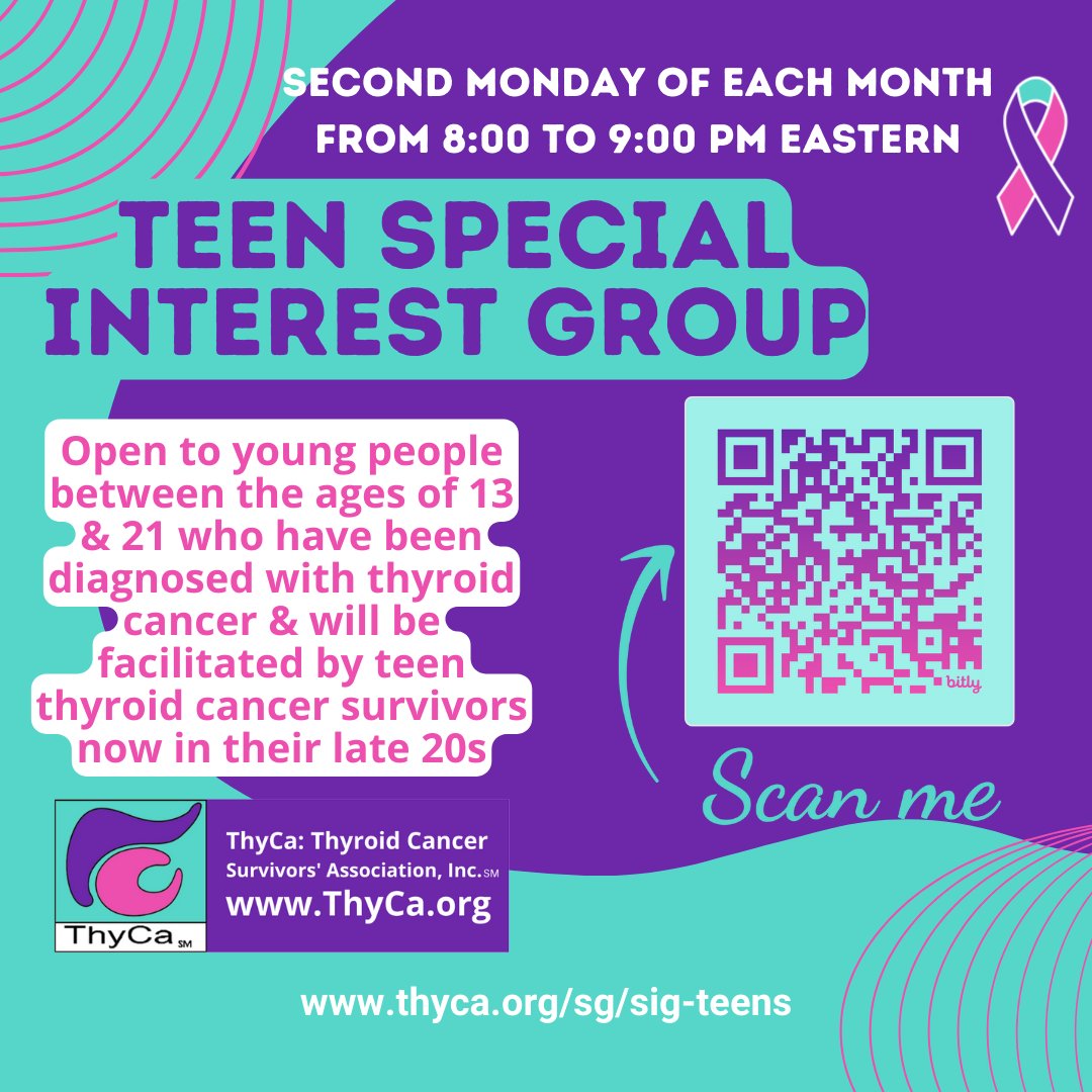 Tomorrow evening is the Teen Special Interest Support Group meeting. Find more details here: thyca.org/sg/sig-teens⁠ ⁠ Please e-mail our group facilitators at teens-sig@thyca.org for answers to any questions and the instructions on how to join us.⁠ #ThyCa⁠