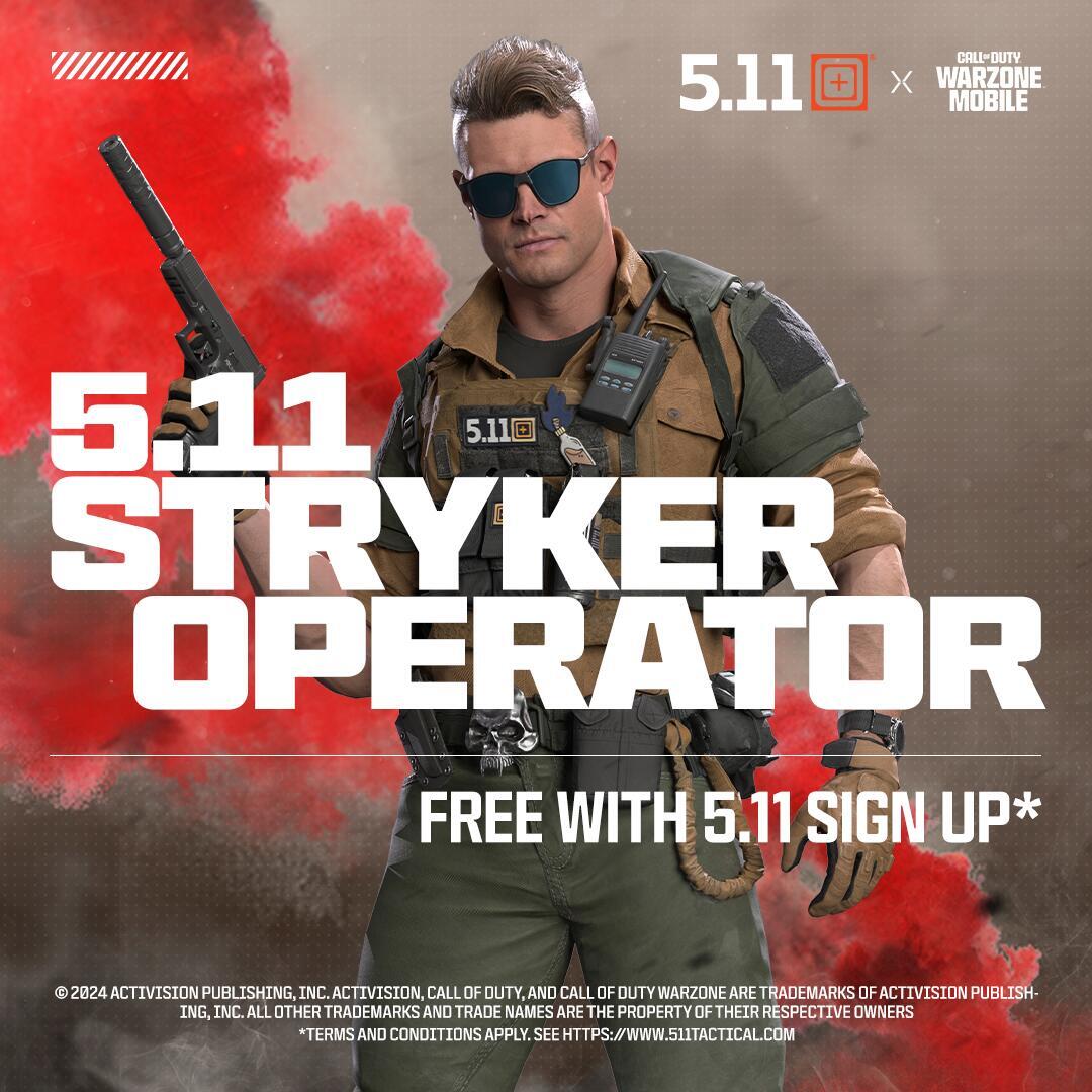 Drop in with the new @511Tactical Stryker Operator for free! Head to community.511tactical.com/callofduty-war… to learn more about how you can earn this operator. Available now in Call of Duty #WarzoneMobile!