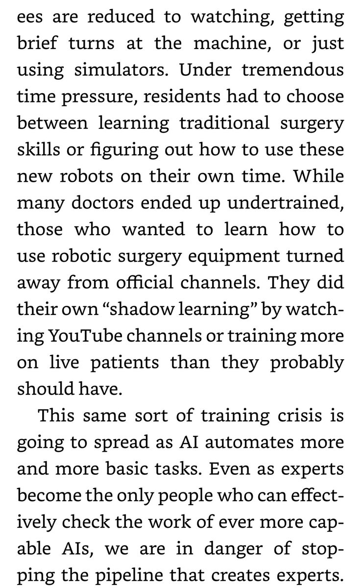 The big education crisis caused by AI is not going to be in schools (there was cheating before AI & we can figure out AI uses that boost learning), but after graduation. White collar work is secretly based on an apprenticeship system that will break From my book Co-Intelligence