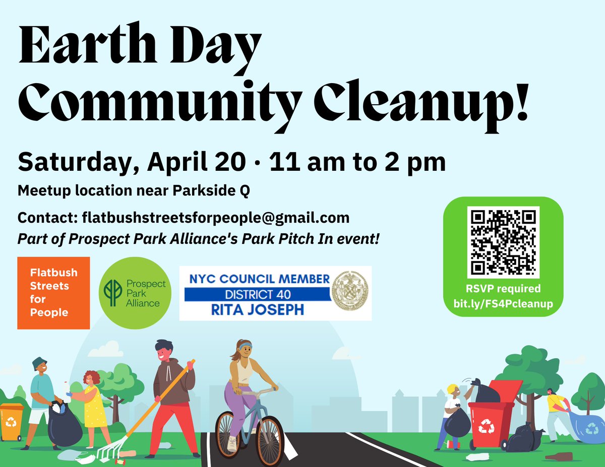 This Car-Free Earth Day, join Flatbush Streets for People for a community cleanup. We'll be supporting Prospect Park Alliance's event to care for street trees! Space is limited - RSVP required: bit.ly/FS4Pcleanup