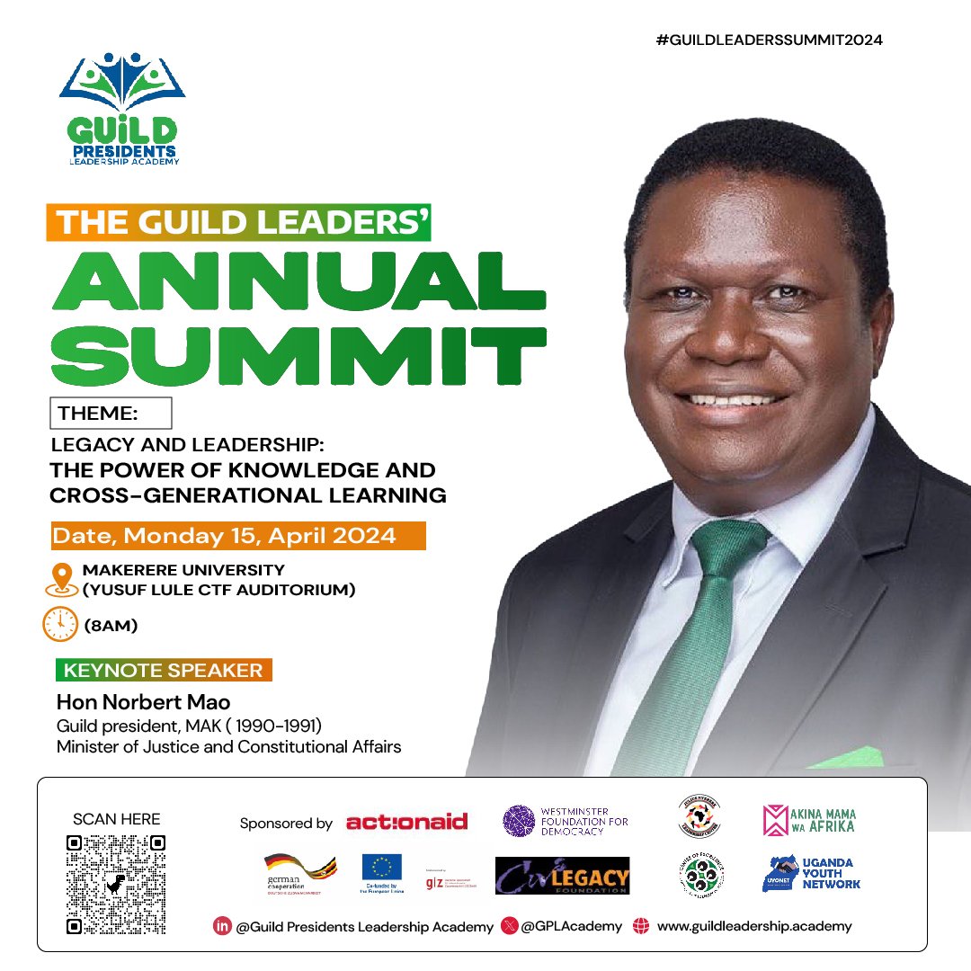 Hon @norbertmao , Former Head Prefect Namilyango College, Guild President @Makerere (1990/91),Former Gulu LC5 Chairman , Current Minister for Justice and Constitutional Affairs and President of Democratic Party (DP) will be one of our Key note Speakers. #Guildleaderssummit2024