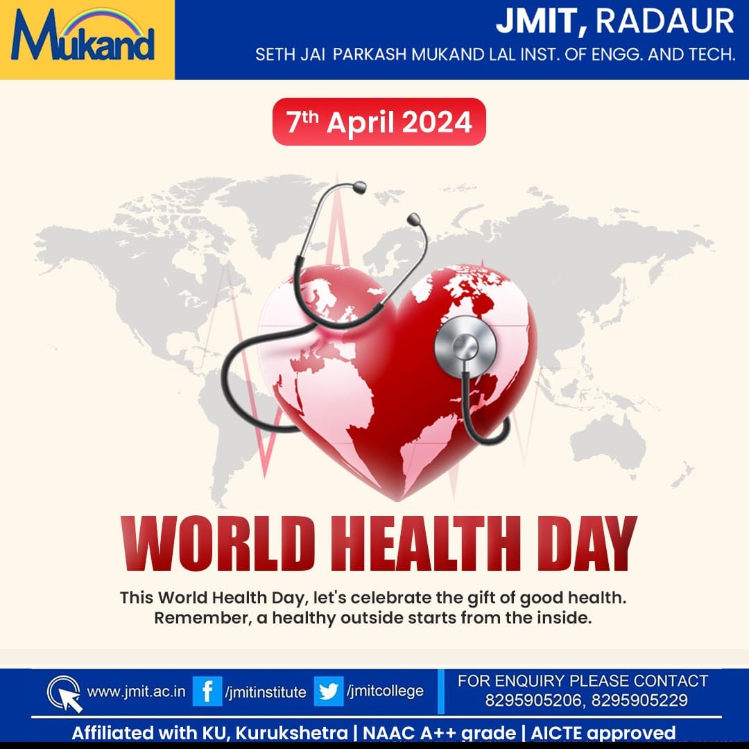 Take a step towards a healthier tomorrow on World Health Day.

Small changes today lead to big benefits tomorrow! 🌱💪

.

.

#worldhealthday #healthday #healthiswealth #health #healthybody #healthymind #healthylife #wellbeing #physicalwellbeing #mentalwellbeing #jmit #jmitradaur