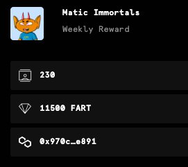 Fartheadz!! We have just included a new project into the $FART weekly airdrop!! 🙌

Welcome <a href="/MaticImmortal/">MaticImmortals</a> to the $FART Family! 💩

Do You want to know more? Join us at Discord! 👾

#PolygonCommunity